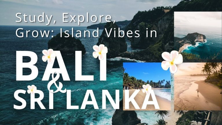 Webinar thumbnail for Sri Lanka and Bali study programs, with scenic island views of palm-lined beaches and turquoise water.
