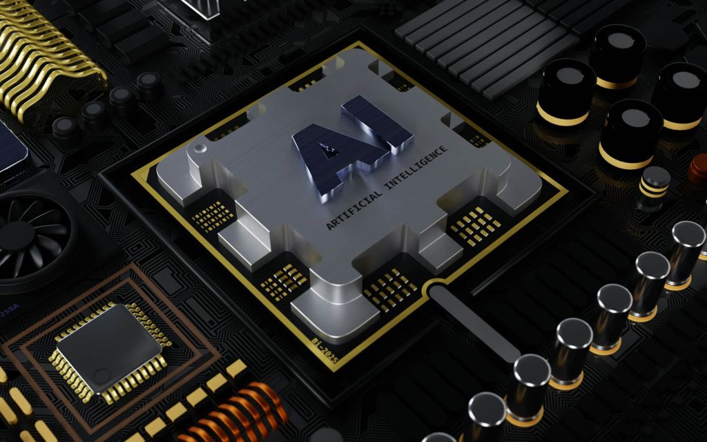 Close-up of a futuristic computer chip labeled "AI Artificial Intelligence" embedded in a dark, high-tech circuit board.