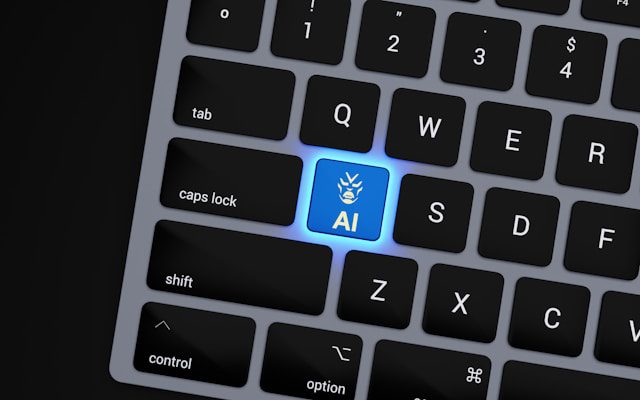 Close-up of a keyboard with a glowing blue "AI" key replacing the letter A, featuring a robot icon above the text.