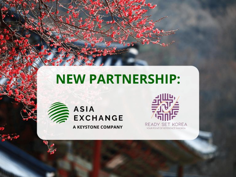 Asia Exchange's and Ready Set Korea's logos, above the words "NEW PARTNERSHIP". In the background a picture of a traditional Korean building and a tree with red berries.