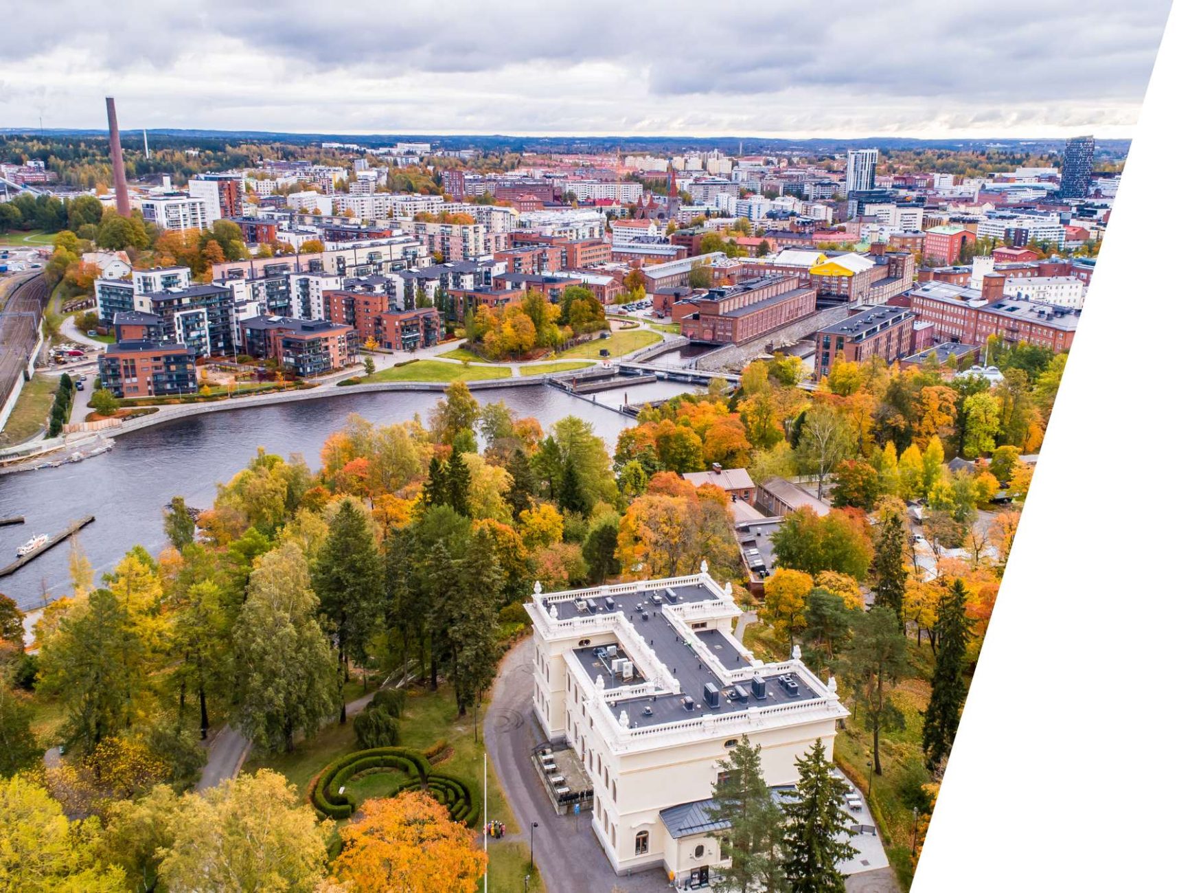 Aerial view of the city of Tampere on a cloudy autumn day.