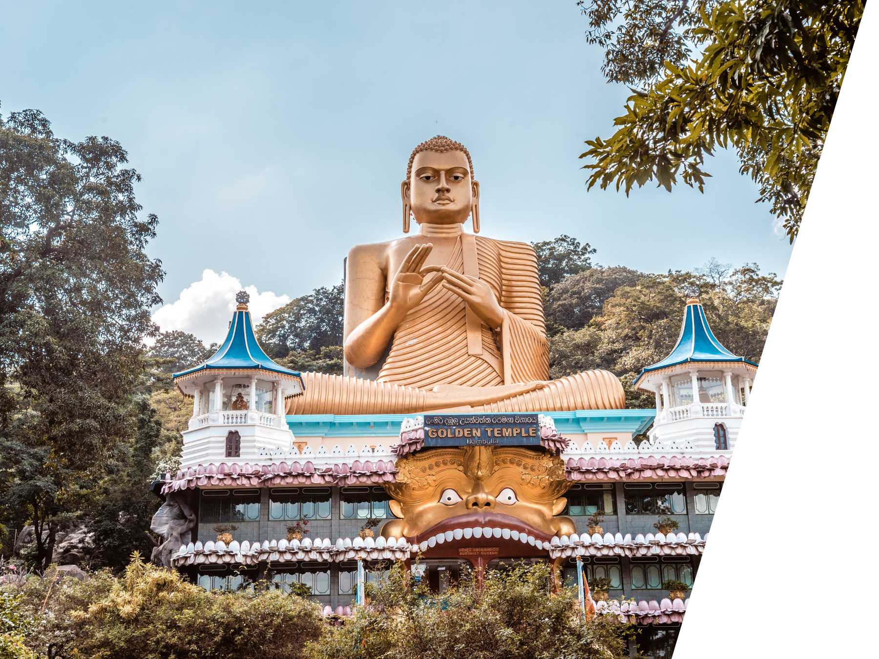 Massive golden Buddha statue seated above the entrance of the Dambulla Golden Temple in Sri Lanka, surrounded by forest and ornate architecture.