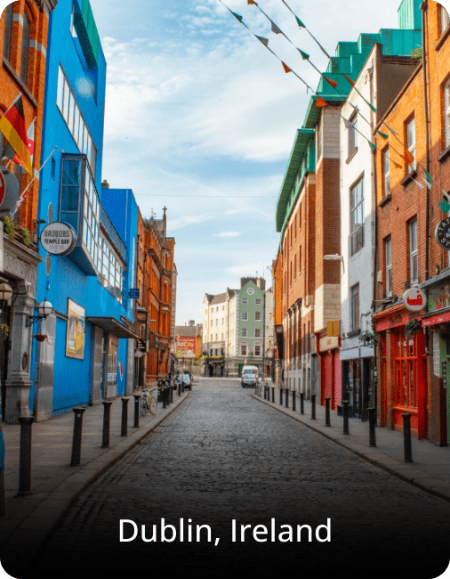 Traditional street in Dublin, Ireland, with brick buildings, hanging signs, and a cobblestone road in a historic city setting.