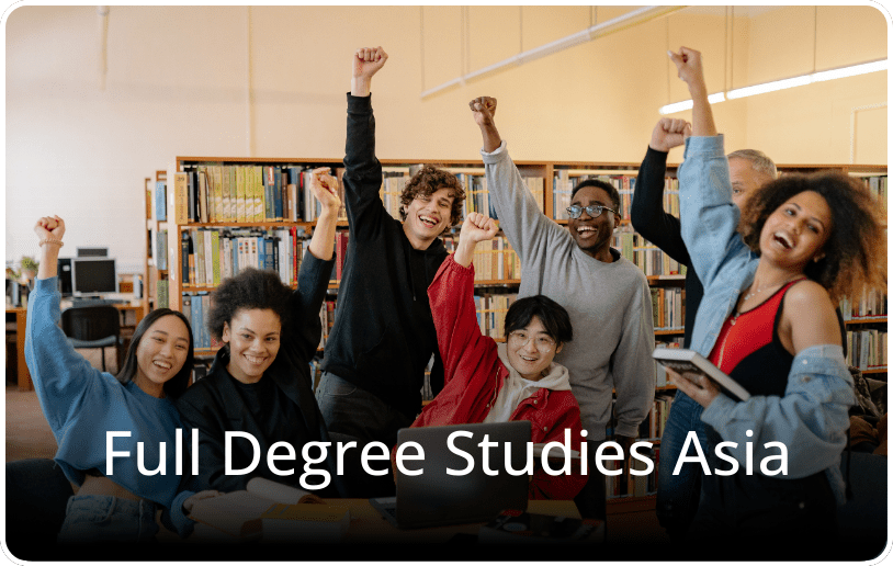 Happy students in a library smiling and studying together, with the text “Full Degree Studies Asia” overlaid on the image.