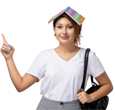 Girl with a book on her head pointing up
